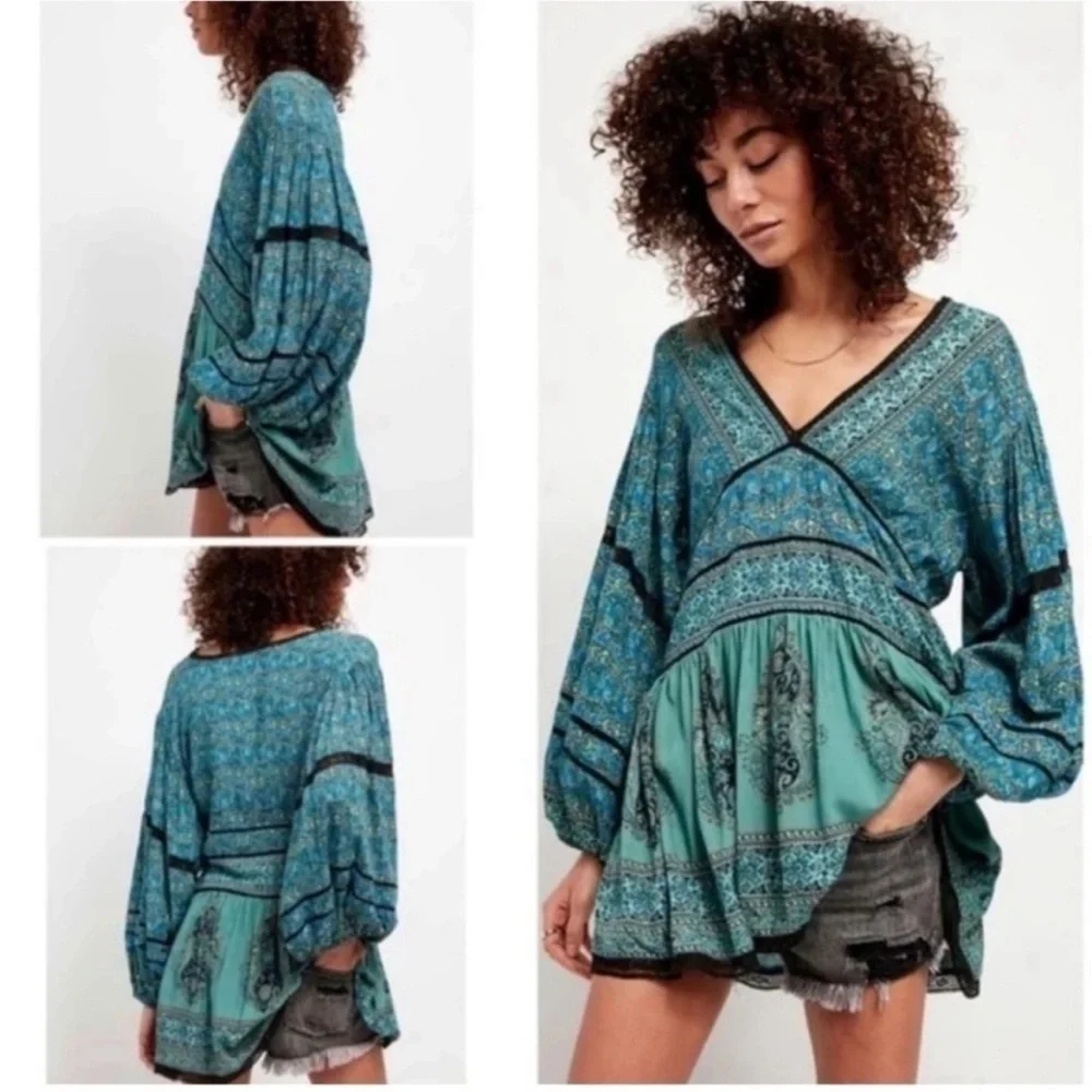 Free People Luna Scarf Print Tunic Ocean Blue Green